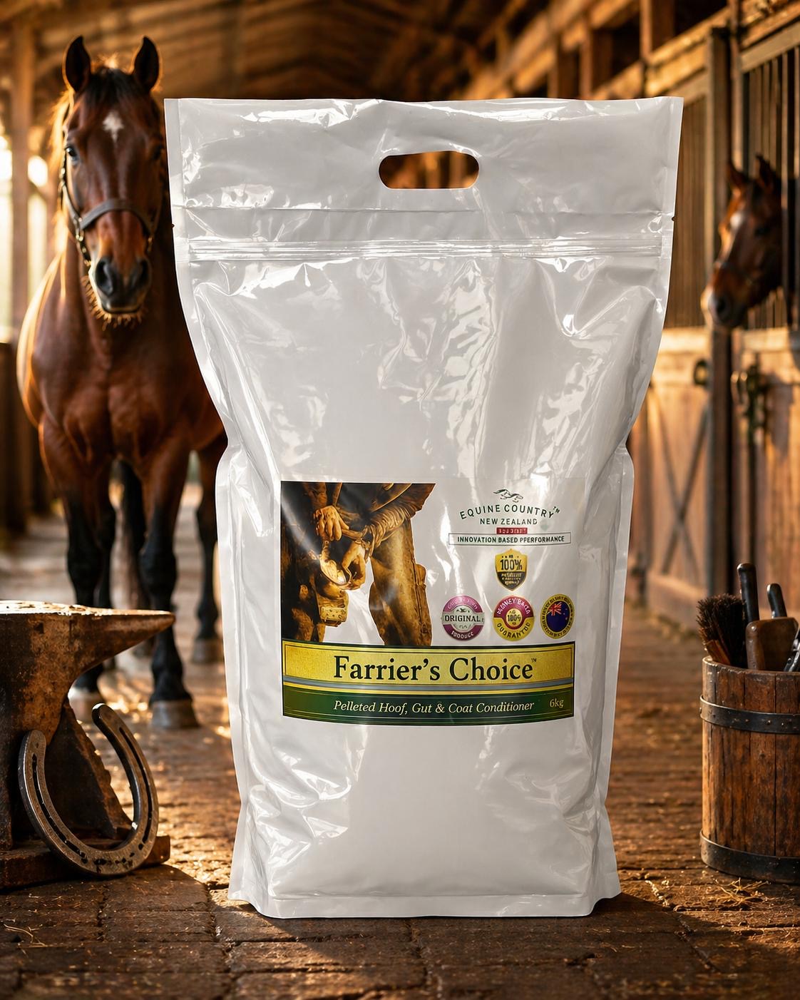 Farriers Choice Hoof and Gut Supplement. Pelleted hoof gut and coat conditioner. Biotin. Hoof Growth. Maneline Cambridge Farrier Supplies NZ 