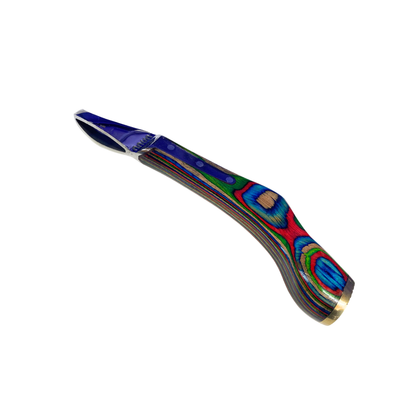 Nunn Loop Hoof Knife. Multicolored handle. Curved with narrow-tip blade. Premium British Steel. Maneline Cambridge Farrier Supplies NZ.